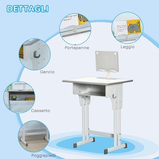 Conjunto de Escritorio y Silla para Niños de 6 a 12 Años con Altura Regulable, Banco Escolar con Cajón, Gancho, Portalápices y Atril, Conjunto de Banco con Silla para Niños en Acero y MDF, Gris