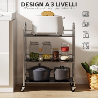 Carro De Cocina De 3 Niveles Con Estante Central Ajustable Y Bordes Elevados, Carro De Cocina Ahorra Espacio De Acero Inoxidable 201 Con 4 Ruedas Y 2 Frenos, 60X35X77 Cm, Plata