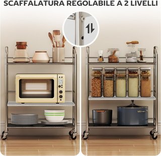 Carro De Cocina De 3 Niveles Con Estante Central Ajustable Y Bordes Elevados, Carro De Cocina Ahorra Espacio De Acero Inoxidable 201 Con 4 Ruedas Y 2 Frenos, 60X35X77 Cm, Plata