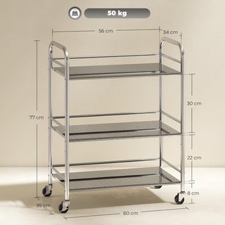 Carro De Cocina De 3 Niveles Con Estante Central Ajustable Y Bordes Elevados, Carro De Cocina Ahorra Espacio De Acero Inoxidable 201 Con 4 Ruedas Y 2 Frenos, 60X35X77 Cm, Plata