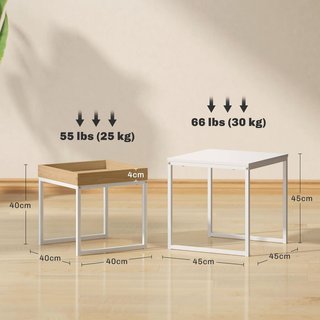 Juego De 2 Mesas De Café Apilables Con Bandeja, Mesa De Salón Moderna De Acero Para Sala Y Oficina, 45X45X45 Cm Y 40X40X40 Cm, Blanco Y Roble