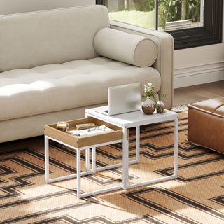 Juego De 2 Mesas De Café Apilables Con Bandeja, Mesa De Salón Moderna De Acero Para Sala Y Oficina, 45X45X45 Cm Y 40X40X40 Cm, Blanco Y Roble