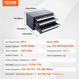 Gabinete Dispensador de End Mills, Gabinete Organizador de End Mills de Tres Cajones para 1/8" a 1", Gabinete Dispensador de End Mills de Acero con Etiquetas, Apilable de 29 Compartimentos para Al...