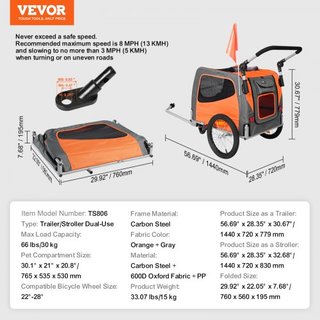 Remolque para Perros, Soporta hasta 30 kg, Carrito de Paseo para Mascotas 2 en 1, Transportador de Bicicleta, Estructura Plegable Fácil con Ruedas de Liberación Rápida, Acoplador Universal para Bi...