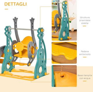 Tobogán 3 en 1 para Niños con Columpio Ajustable, Aro de Baloncesto y Pelotas para Habitación y Jardín, 152X149X107Cm, Azul, Gris, Amarillo
