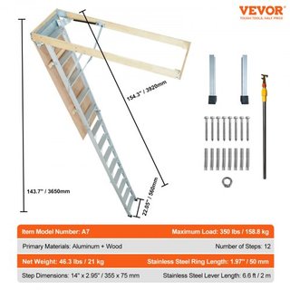 Escalera de Ático Plegable, Capacidad de 158.8 kg, 57.15 cm x 160 cm, Extensión de Aluminio Multiusos, Ligera y Portátil, Se Ajusta a Alturas de Techo de 2.9m-3.7m, Acceso Conveniente a su Ático E...