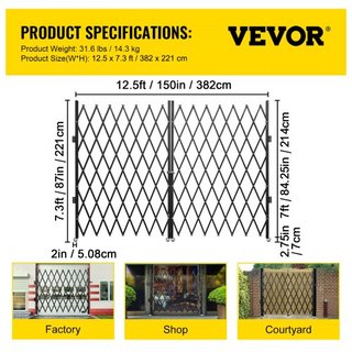 Puerta de Seguridad Plegable Doble, 382 × 214 cm (An × Al) Puerta Plegable W, Puerta de Seguridad de Acero en Acordeón, Puerta de Seguridad Expandible Flexible, Puerta de Barricada Rodante de 360°...