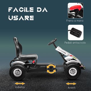 Go Kart para Niños de 5-12 Años a Pedales de Plástico y Metal con Asiento Ajustable, Freno de Mano y Marcha Atrás, 121X58X61 Cm, Blanco y Negro