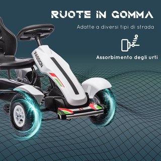 Go Kart para Niños de 5-12 Años a Pedales de Plástico y Metal con Asiento Ajustable, Freno de Mano y Marcha Atrás, 121X58X61 Cm, Blanco y Negro