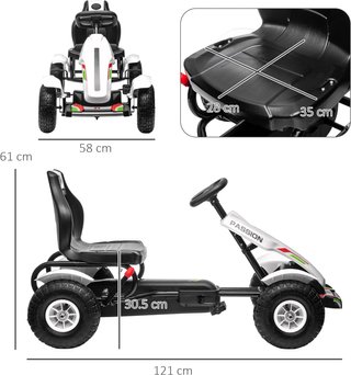Go Kart para Niños de 5-12 Años a Pedales de Plástico y Metal con Asiento Ajustable, Freno de Mano y Marcha Atrás, 121X58X61 Cm, Blanco y Negro