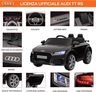 Coche Eléctrico para Niños 3-5 Años 12V 3Km/H Licencia AUDI TT, Coche Eléctrico para Niños Con 2 Motores, Control Remoto 2.4G, Claxon, Música y Faros LED, Negro