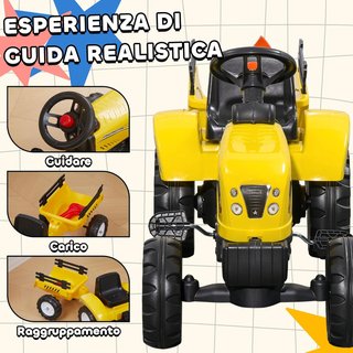 Tractor a Pedales para Niños de 3+ Años con Remolque, Rastrillo y Pala, Coche Montable con Claxon, Amarillo