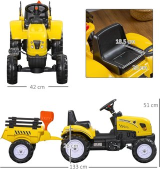 Tractor a Pedales para Niños de 3+ Años con Remolque, Rastrillo y Pala, Coche Montable con Claxon, Amarillo