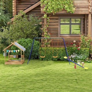 Columpio para Niños de 3-8 Años con 2 Asientos y 4 Estacas, Columpio Doble de Jardín de Metal y PP, 269X160X180 Cm, Multicolor