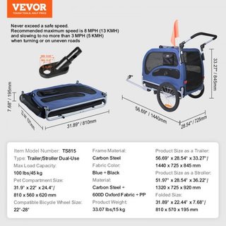 Remolque para Perros, Soporta hasta 100 lbs, Carrito de Paseo 2 en 1 para Mascotas, Transportador de Bicicleta, Estructura Plegable Fácil con Ruedas de Liberación Rápida, Acoplador Universal para ...