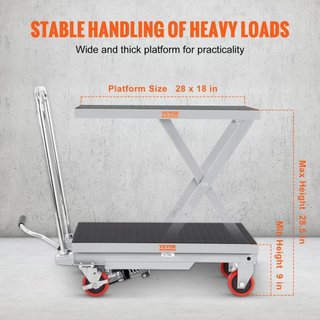 Carro de Mesa Elevadora Hidráulica, Capacidad de 500 lbs, Altura de Elevación de 28.5", Mesa Elevadora Manual de Tijera Simple con 4 Ruedas y Almohadilla Antideslizante, Carro de Tijera Hidráulico...