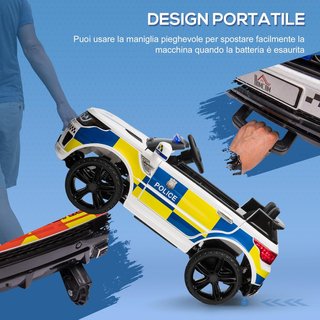 Coche Eléctrico para Niños de Policía, Coche Eléctrico de 12V para Niños con Control Remoto, Sirena Luces Conexión USB para Música, 110X68X52Cm, Blanco