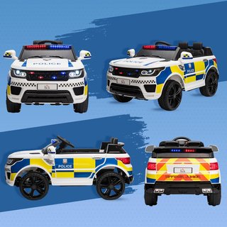 Coche Eléctrico para Niños de Policía, Coche Eléctrico de 12V para Niños con Control Remoto, Sirena Luces Conexión USB para Música, 110X68X52Cm, Blanco