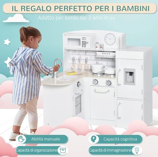 Cocina de Juguete para Niños de Madera con 14 Accesorios, Horno, Fregadero, Nevera y Microondas, Edad 3+ Años, 86X64X84.5Cm, Blanco y Plata