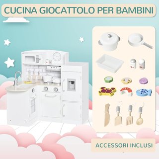 Cocina de Juguete para Niños de Madera con 14 Accesorios, Horno, Fregadero, Nevera y Microondas, Edad 3+ Años, 86X64X84.5Cm, Blanco y Plata