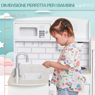 Cocina de Juguete para Niños de Madera con 14 Accesorios, Horno, Fregadero, Nevera y Microondas, Edad 3+ Años, 86X64X84.5Cm, Blanco y Plata