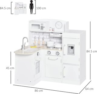 Cocina de Juguete para Niños de Madera con 14 Accesorios, Horno, Fregadero, Nevera y Microondas, Edad 3+ Años, 86X64X84.5Cm, Blanco y Plata