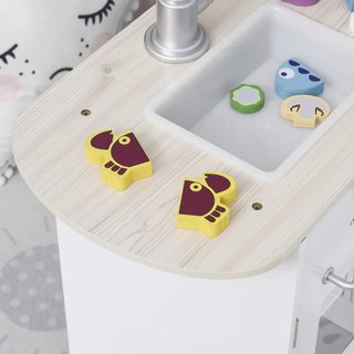 Cocina de Juguete para Niños de Madera con 14 Accesorios, Horno, Fregadero, Nevera y Microondas, Edad 3+ Años, 86X64X84.5Cm, Blanco y Plata