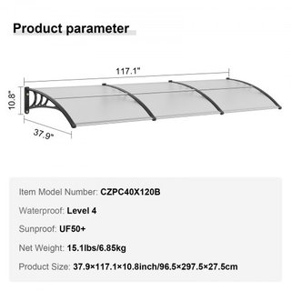 Tenda da Sole per Porta Finestra, Tenda da Esterno 96,5 x 297,5 cm, Telo Ombreggiante PC UF50+, Tenda da Giardino, Ombreggiante Trasparente, Impermeabile, Protezione da Sole, UV, Pioggia, Neve