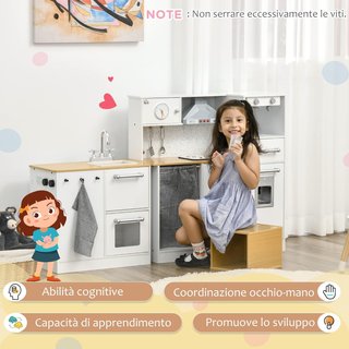 Cocina de Juguete 2 Piezas para Niños de 3-6 Años Con Utensilios de Cocina, Luces y Efectos de Sonido Realistas, en MDF y PP Blanca y Color Madera