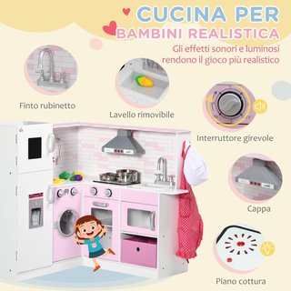 Cocina Juguete para Niños de 3 a 6 Años con Luces y Utensilios de Cocina Realistas, en MDF y PP, 84X93.5X85 Cm, Blanca y Rosa