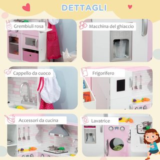 Cocina Juguete para Niños de 3 a 6 Años con Luces y Utensilios de Cocina Realistas, en MDF y PP, 84X93.5X85 Cm, Blanca y Rosa