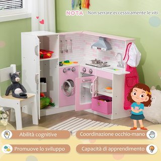 Cocina Juguete para Niños de 3 a 6 Años con Luces y Utensilios de Cocina Realistas, en MDF y PP, 84X93.5X85 Cm, Blanca y Rosa