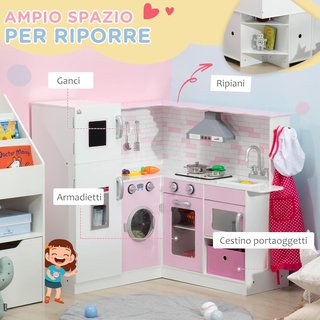 Cocina Juguete para Niños de 3 a 6 Años con Luces y Utensilios de Cocina Realistas, en MDF y PP, 84X93.5X85 Cm, Blanca y Rosa