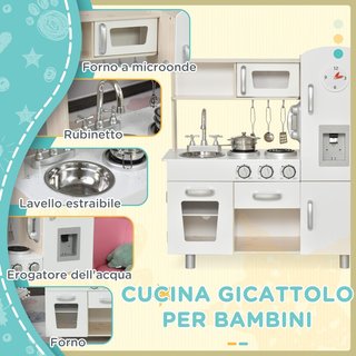Cocina de Juguete de Madera para Niños con Fregadero y Fogones, Ollas y Utensilios de Acero, 74X30X81Cm, Blanco