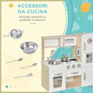 Cocina de Juguete de Madera para Niños con Fregadero y Fogones, Ollas y Utensilios de Acero, 74X30X81Cm, Blanco