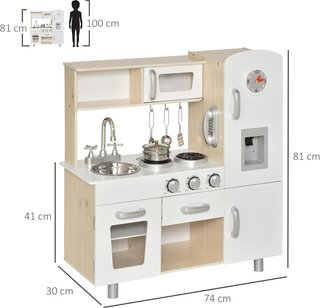 Cocina de Juguete de Madera para Niños con Fregadero y Fogones, Ollas y Utensilios de Acero, 74X30X81Cm, Blanco