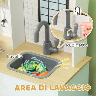 Cocina de Juguete para Niños de 3+ Años con Fogones y Armarios, Cocina de Juguete de Acero Inoxidable, Madera y PP, 72X33X85.2 Cm, Azul y Blanco