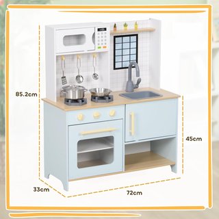 Cocina de Juguete para Niños de 3+ Años con Fogones y Armarios, Cocina de Juguete de Acero Inoxidable, Madera y PP, 72X33X85.2 Cm, Azul y Blanco