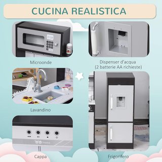 Cocina de Juguete para Niños de Madera con 14 Accesorios, Horno, Fregadero, Nevera y Microondas, Edad 3+ Años, 86X64X84.5Cm, Plata y Marrón