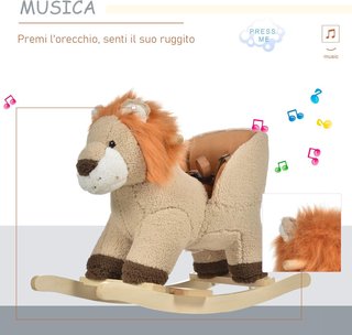 Caballito de Juguete en Forma de León para Niños de 18-36 Meses, Ruge (3 Pilas Incluidas), de Madera y Peluche