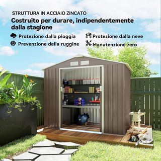 Caseta De Jardín Para Herramientas De Chapa De Acero Con Fundación, 2.42M² Cobertizo De Jardín De Acero Con Puertas Correderas, 213X130X185 Cm, Marrón Claro