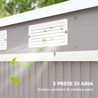 Caseta de Jardín 2.42M² en Acero Galvanizado con Kit de Fundación, Salidas de Aire, Cobertizo para Herramientas con Doble Puerta Corredera Bloqueable, Techo Inclinado, 213X130X172 Cm, Gris