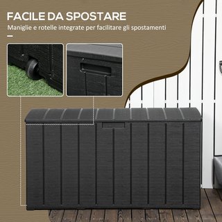 Baúl De Exterior De 366L Efecto Madera Con Tapa De Doble Palanca, 2 Asas Y 2 Ruedas, Cofre Contenedor De Exterior De Plástico, 122.4X62X64.5 Cm, Negro
