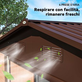Casita De Jardín 4.84M² De Acero Galvanizado Con Orificios De Drenaje, Ventilación, Cobertizo Para Herramientas Con Techo Inclinado, Doble Puertas Correderas Bloqueables, Diseño Efecto Madera, Marrón