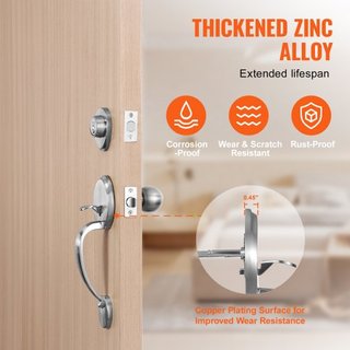 Juego de Manija y Cerradura de Puerta Frontal, Juego de Cerradura de Puerta Frontal de Níquel Satinado con Perilla Interior, Manija de Cilindro Único con Espaciado de Agujeros Ajustable, para Entr...
