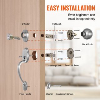 Juego de Manija y Cerradura de Puerta Frontal, Juego de Cerradura de Puerta Frontal de Níquel Satinado con Perilla Interior, Manija de Cilindro Único con Espaciado de Agujeros Ajustable, para Entr...