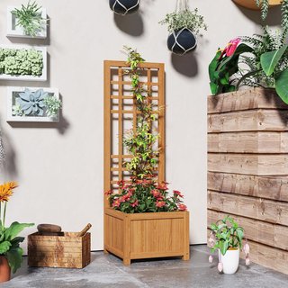 Cama para Huerto Elevado de Exterior con Enrejado, Jardín Elevado con Orificio de Drenaje y Funda Transpirable de Madera de Abeto, para Flores y Verduras, 40X40X120 Cm, Marrón Claro