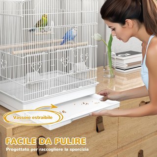 Jaula para Aves Portátil con Asa, Bandeja Extraíble y 5 Puertas, Voladera para Periquitos con Posaderos de Madera, Columpio y Comederos, 46.5X36X59 Cm, Blanco