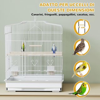 Jaula para Aves Portátil con Asa, Bandeja Extraíble y 5 Puertas, Voladera para Periquitos con Posaderos de Madera, Columpio y Comederos, 46.5X36X59 Cm, Blanco