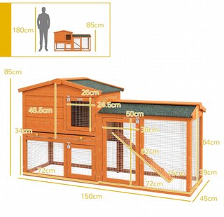 Conejera de 2 Pisos para Exterior, Jaula para Mascotas de Madera de Abeto y Alambre Metálico, 150X45X85 Cm, Naranja